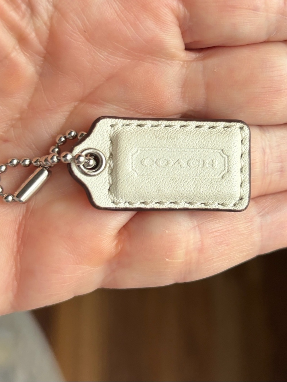 Coach Cream Leather Mini Hang Tag with Silver Ball Chain